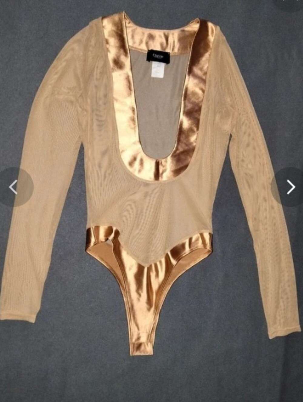Chic Gold Sheer Long-Sleeve Bodysuit with Satin Trim